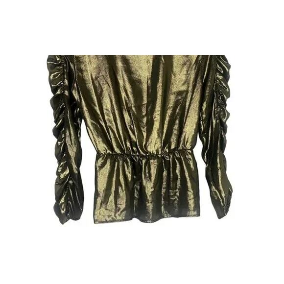 ZARA Metallic V Neck Ruched Long Sleeve Top Elastic Waist Lightweight S Gold - Picture 10 of 15